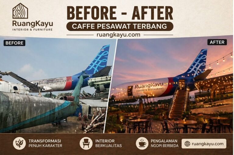 Cafe Pesawat, Desain Interior Cafe, RuangKayu Furniture, Bisnis Kuliner Unik, Transformasi Pesawat, Interior Pesawat, Jasa Desain Interior, Furniture Custom Indonesia, Restoran Instagrammable