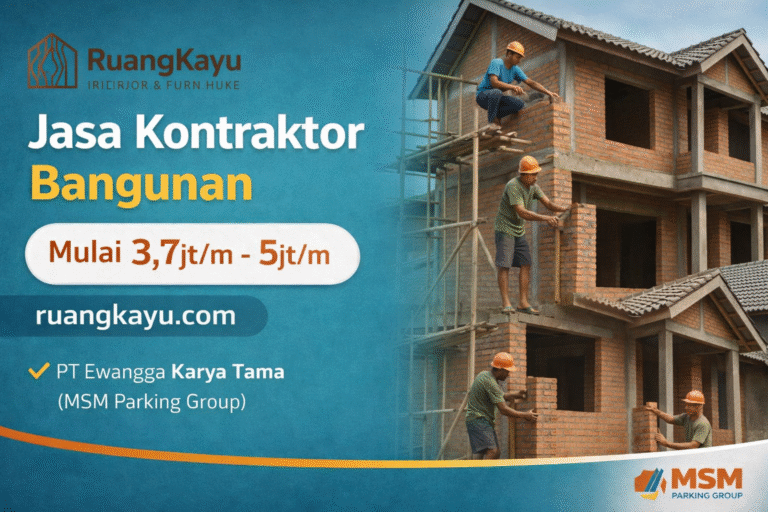 jasa kontraktor rumah, biaya bangun rumah per m2, PT Ewangga Karya Tama, Ruangkayu.com, kontraktor bangun rumah terima beres, harga borongan rumah 2026, estimasi biaya konstruksi, rumah kayu Bandung, desain interior custom, kontraktor terpercaya Indonesia.