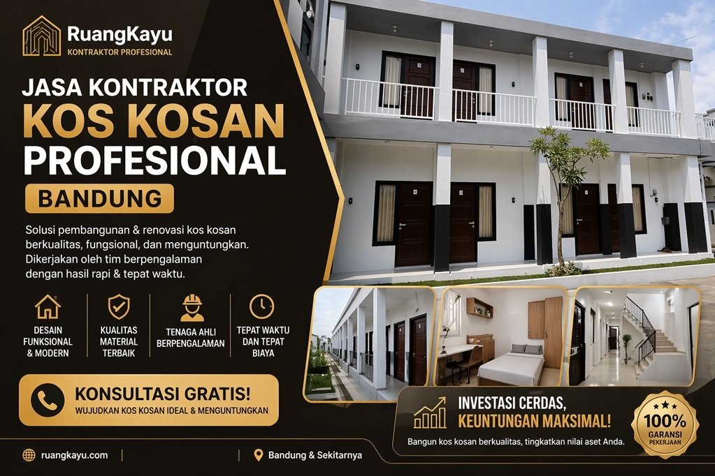 Kontraktor bangunan Bandung, jasa bangun kos-kosan, interior kayu profesional, PT Ewangga, Ruangkayu.com.