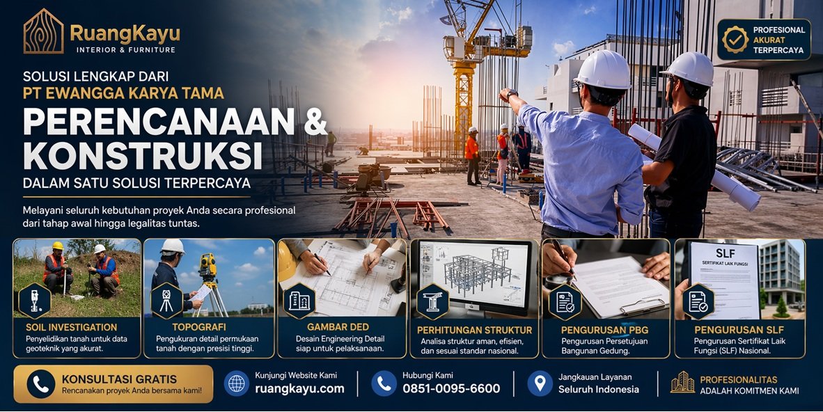 Solusi lengkap dari PT Ewangga Karya Tama: Soil Investigation, Topografi, Gambar DED, Perhitungan Struktur, hingga pengurusan PBG & SLF Nasional.