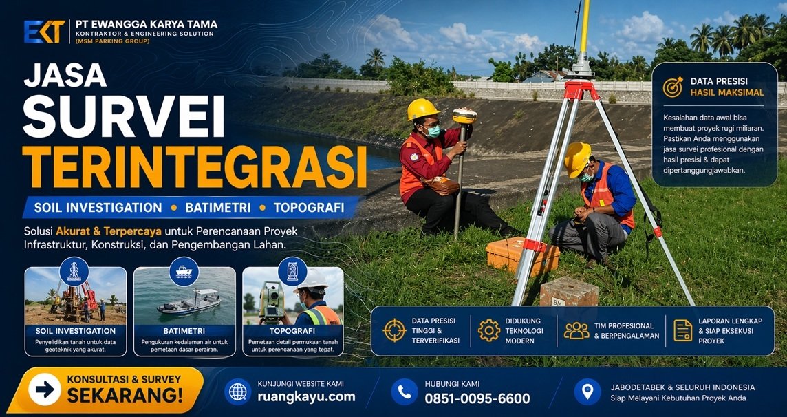 Jasa survey terintegrasi untuk soil investigation, batimetri, dan topografi umumnya ditawarkan oleh perusahaan konsultan geoteknik dan pemetaan untuk kebutuhan konstruksi, pelabuhan, dan pertambangan