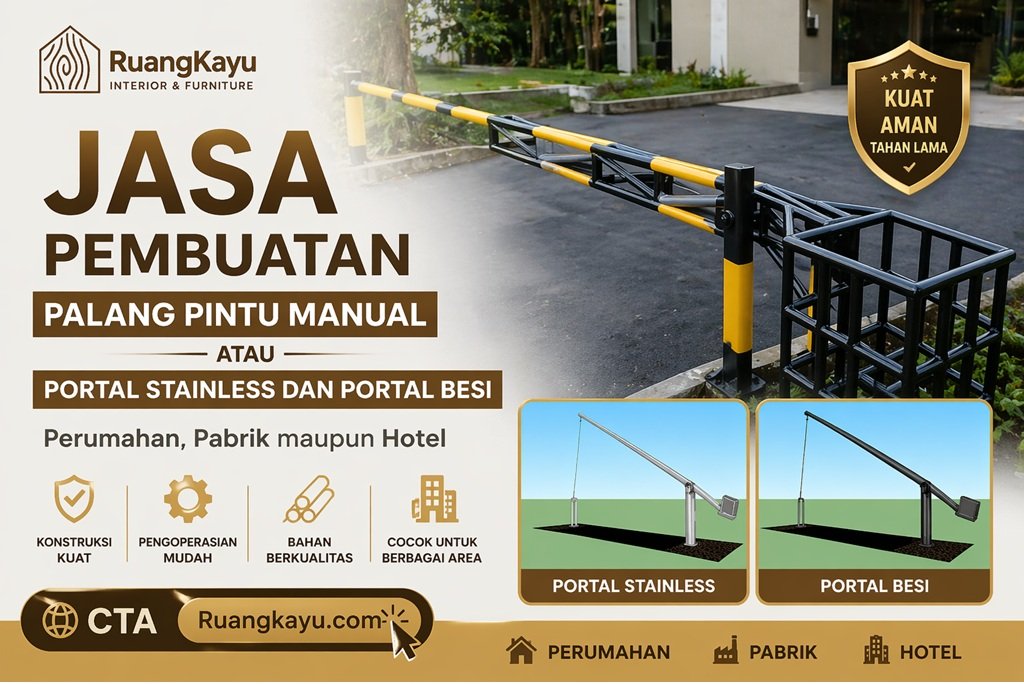Ruangkayu.com hadir sebagai mitra terpercaya dalam penyediaan jasa pembuatan dan pemasangan palang pintu manual dengan spesifikasi material premium seperti besi dan stainless steel.