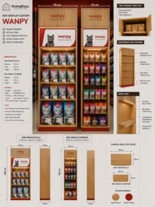 Jasa pembuatan rak display custom premium berkualitas tinggi untuk toko retail, minimarket, pet shop & UMKM. Desain modern, material kayu premium, konstruksi stabil. Konsultasi gratis