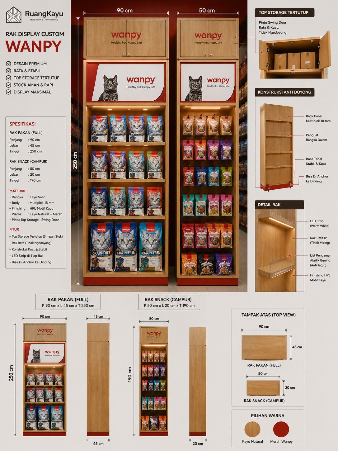 Jasa pembuatan rak display custom premium berkualitas tinggi untuk toko retail, minimarket, pet shop & UMKM. Desain modern, material kayu premium, konstruksi stabil. Konsultasi gratis