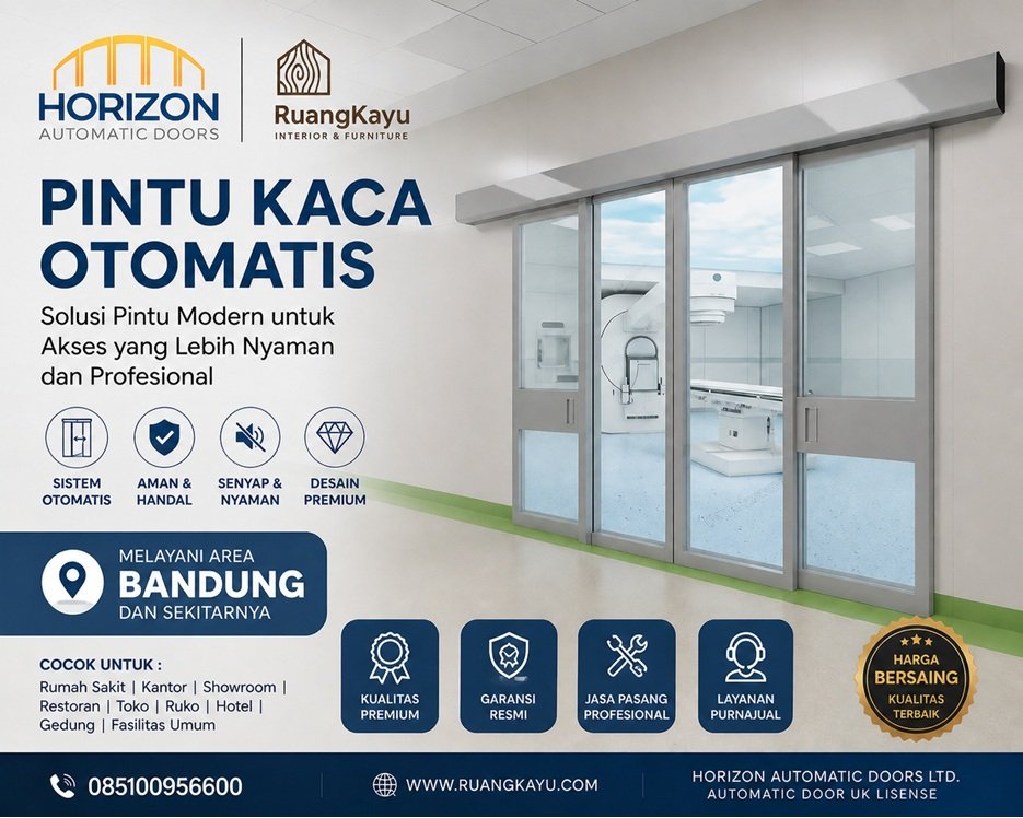 Jasa pembuatan pintu kaca otomatis murah di Bandung dengan kualitas premium. Cocok untuk rumah sakit, kantor, showroom, restoran & ruko. Harga bersaing, garansi resmi. Hubungi RuangKayu.com