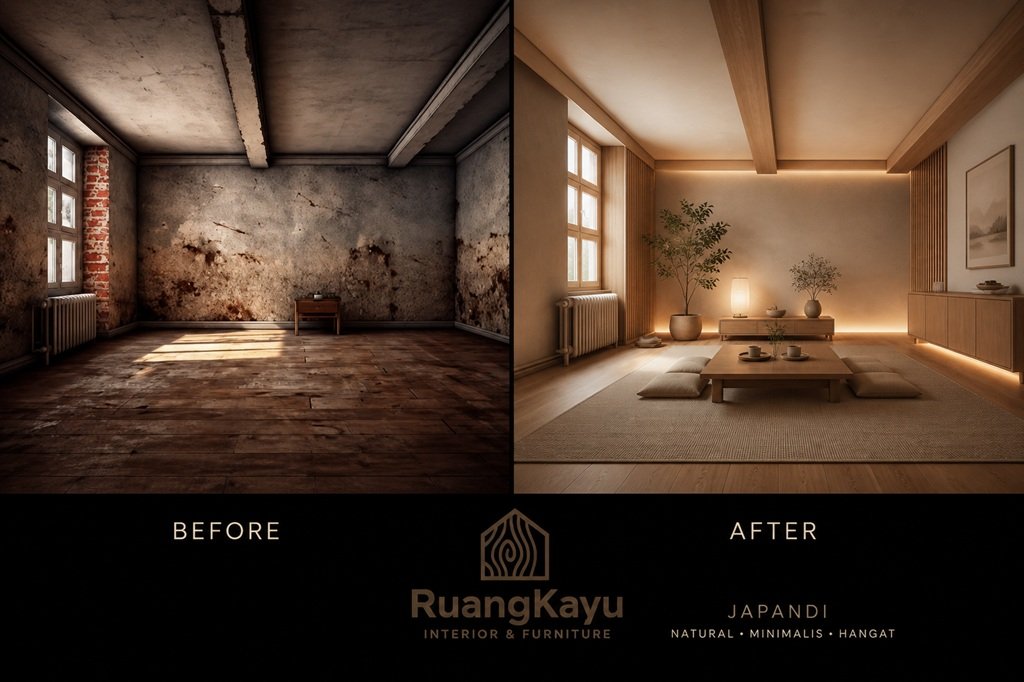 Before-After Design Interior Profesional Gaya Japandi di Bandung – Ruangkayu.com